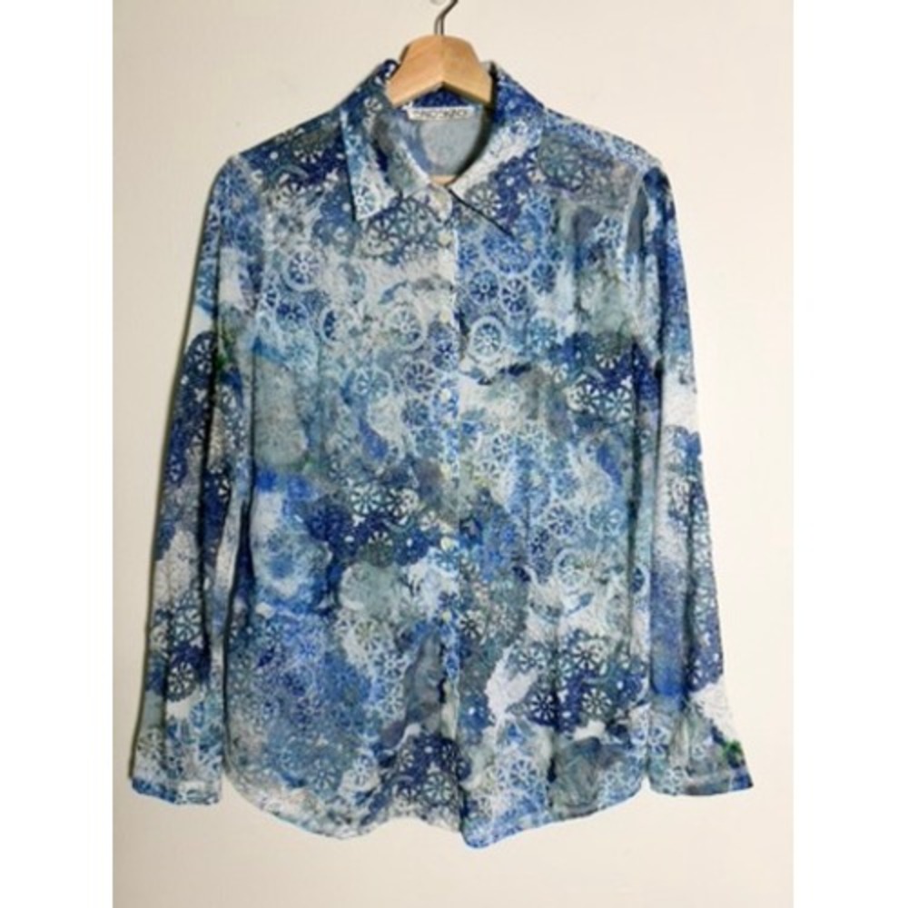 SnoSkins Printed Viscose Sheer Collared Button Down Shirt Blue size medium